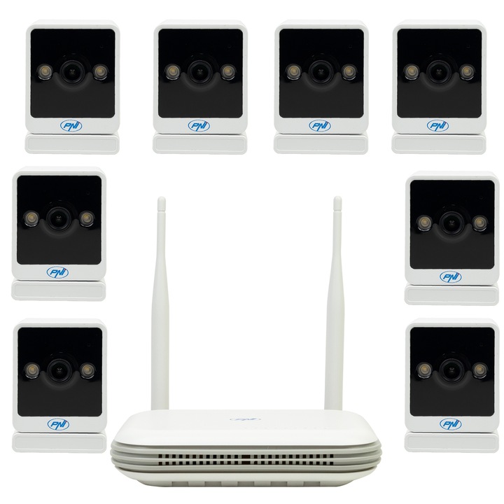 Kit supraveghere video wireless PNI House WiFi800 NVR si 8 camere PNI IP744, 4MP, detectie miscare, unghi larg