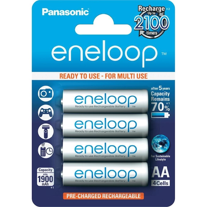 Panasonic Eneloop AA akkumulátorok, 1900mAh, 2100 ciklus, előtöltve, 4 db
