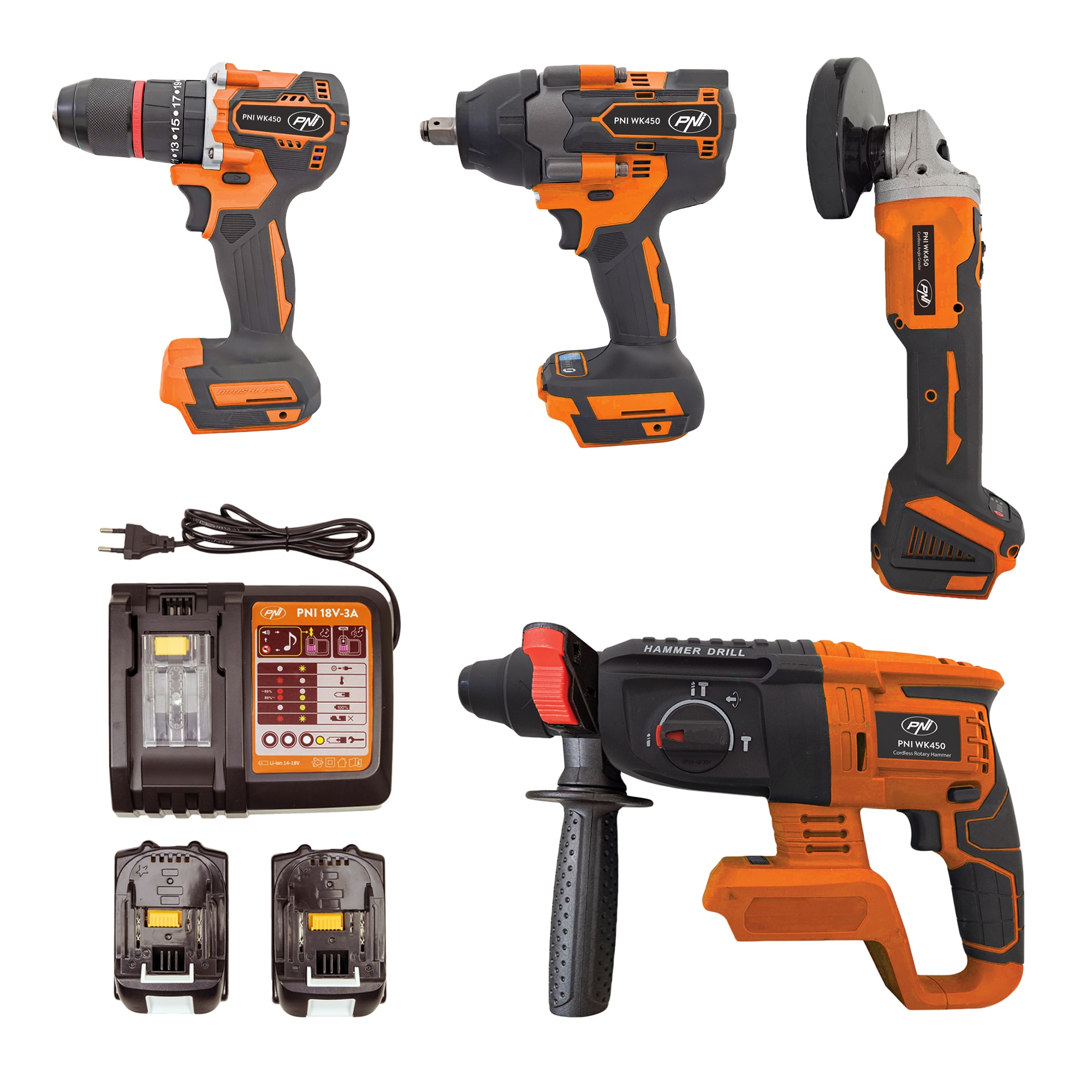 Set 4 scule electrice PNI WK450 brushless, masina de gaurit si insurubat, masina de gaurit si insurubat cu impact, polizor, ciocan rotopercutor, 2 acumulatori 18V 5.0Ah, incarcator