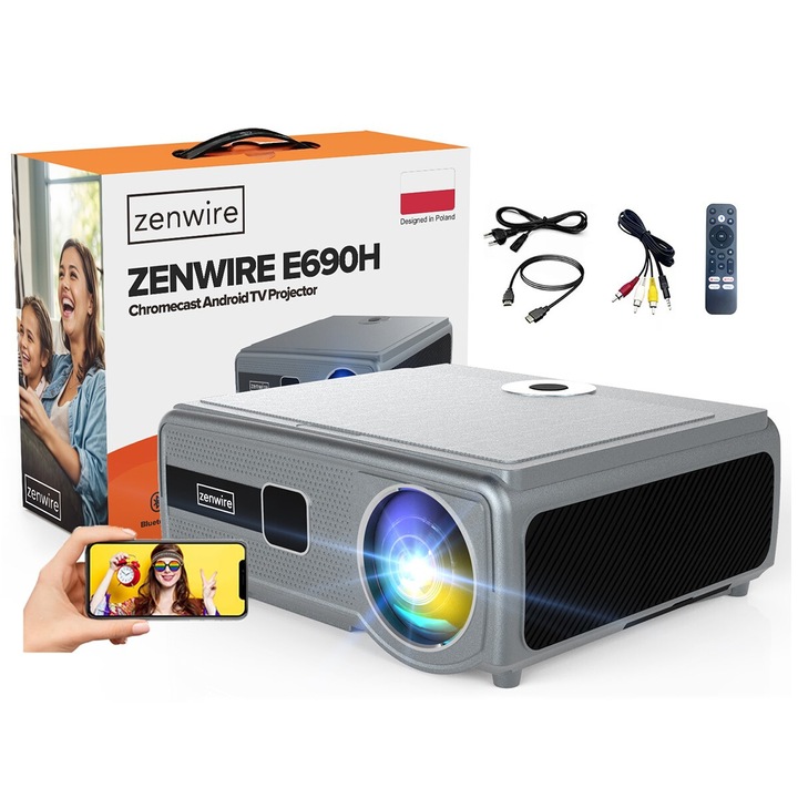 Видеопроектор, Zenwire, E690H, Android 11 TV, Full HD 1920x1080p с поддръжка на 4K, 30000 lm, WiFi 2.4/5GHz, Chromecast / Miracast / Airplay / Autokeystone 4D / Автофокус / Bluetooth / 2x HDMI / 2x USB / mini Jack /