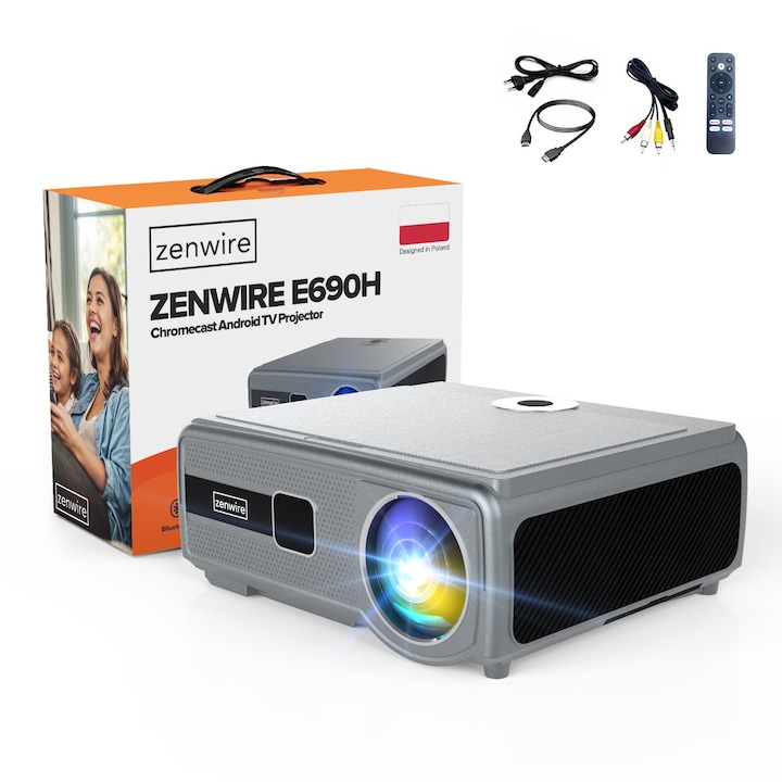 Intelligens videoprojektor, Zenwire, E690H, Kivetítő Android / 4K Ultra HD, 30000 lm, WiFi 2.4/5GHz Chromecast / Miracast / Airplay / Autokeystone 4D / Autofocus / Bluetooth 5.0 / 2 x HDMI / 2 x USB / Audio mini Jack