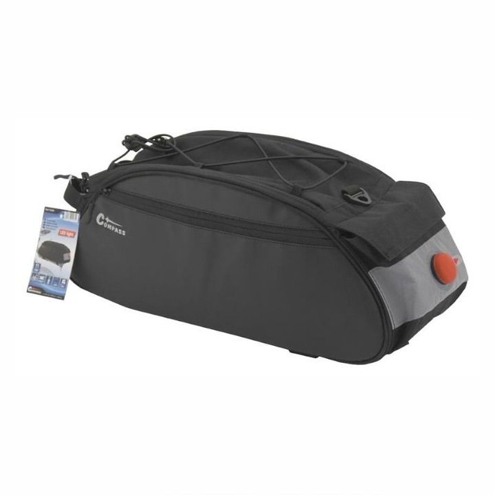 Borseta bicicleta montare pe portbagaj, iluminare Led rosie, 11L, cu 3 buzunare si coarda elastica, 12034 Compass