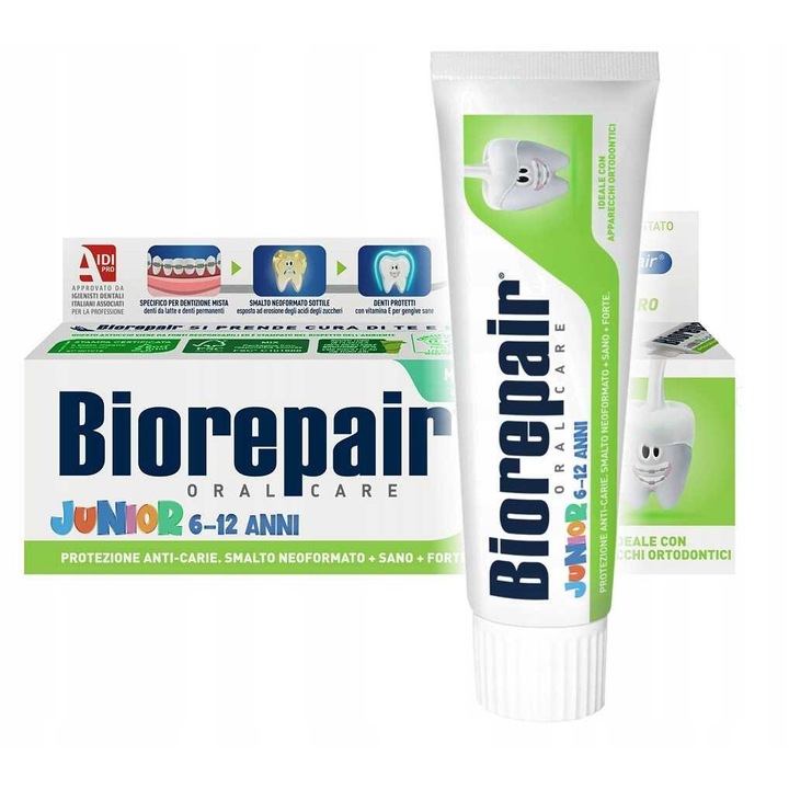 Паста за зъби, Biorepair, Junior, 6-12 години, Без флуор, Укрепва и реминерализира зъбите, Вкус на мента, 75 ml