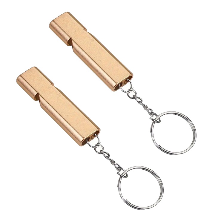 Fluier Dual CCmax Auriu Foarte Puternic pentru Arbitrii, Activitati in Aer Liber, Drumetii, Alungat Animale Salbatice, Salvamari, Situatii de Urgenta din Aluminiu cu Inel pentru Chei, set 2 bucati