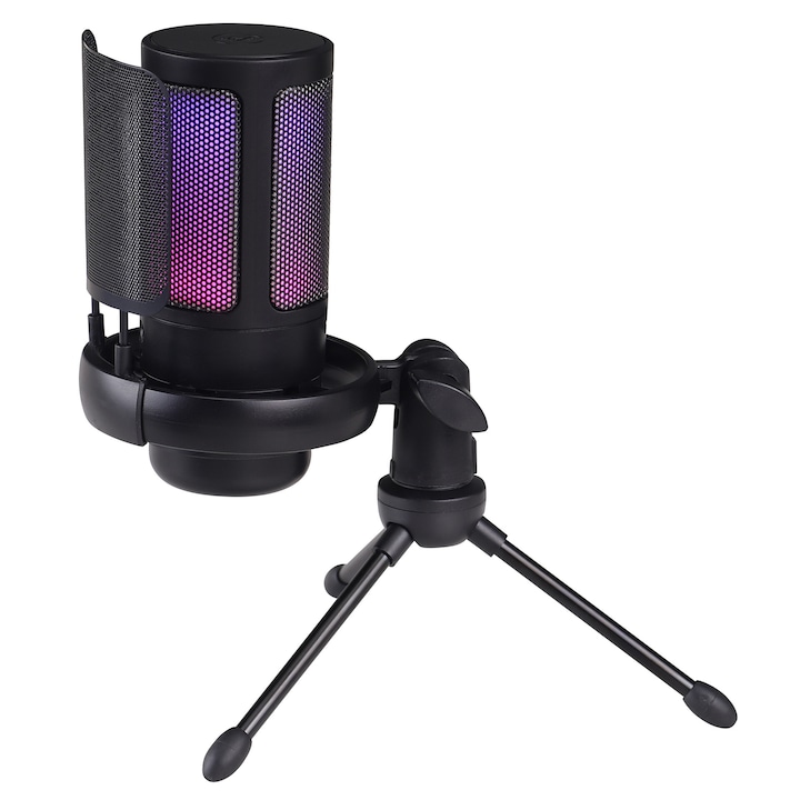 USB микрофон Wacorresi със стойка за статив, технология за намаляване на шума, RGB осветление, 19x13x7cm