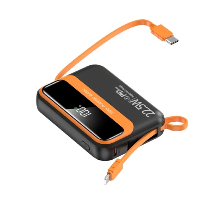 Power Bank Mini, MeK Fine, 20 000 MAh, Bисокоскоростна PD 22.5W, цифров дисплей, двупосочно бързо зареждане Bграден Kабел iOS и Kабел Type-C, защита от Cвръхзареждане, Универсална, Черен