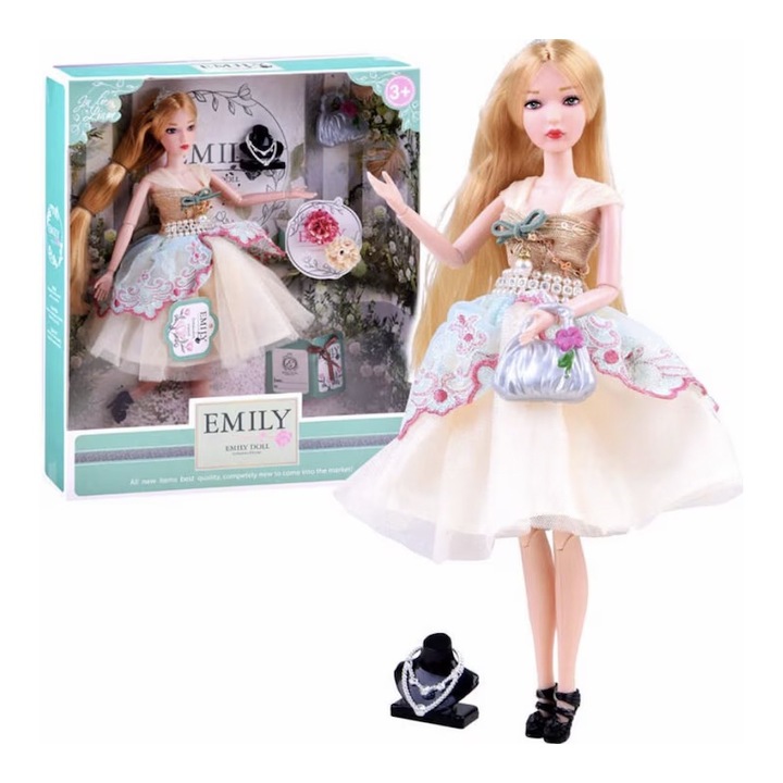 Кукла Емили, С подвижни стави, Yupy®, С портмоне и тиара, Кремав цвят, 32,5x28x6 см