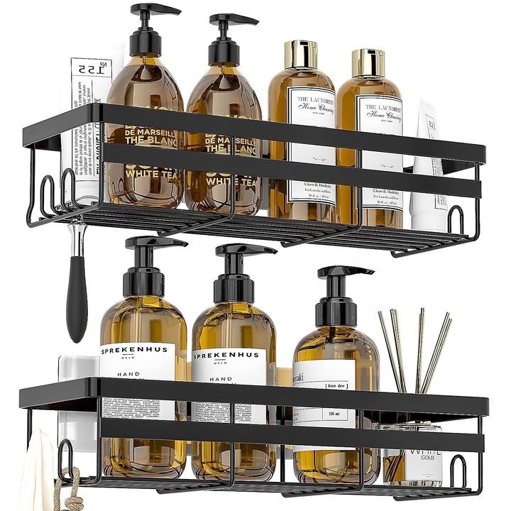 Raft de Dus Elindor® Polita cu Adeziv, Etajera de Baie, Suport Prosop, din Inox, Organizator Baie sau Etajere Depozitare in Bucatarie, Set 2 Rafturi de Dus, Accesorii, 30 x 11 x 6 cm, Negru