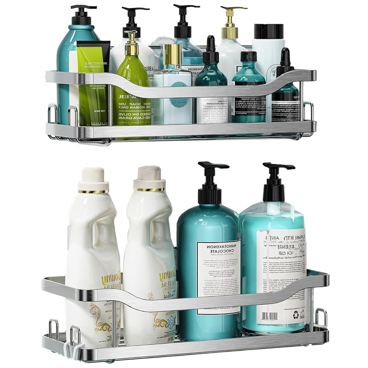 Raft de Dus Elindor® Polita cu Adeziv, Etajera de Baie, Suport Prosop, Organizator Baie sau Etajere Depozitare in Bucatarie, Set 2 Rafturi de Dus, Accesorii din Inox, 30.5 x 13 x 57.6 cm si 29 x 10 x 6.8 cm, Argintiu