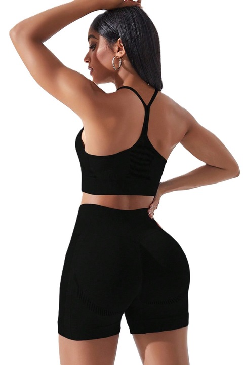 Set Sutien Si Pantaloni Scurti Sport Fara Cusaturi Cu Elasticitate Ridicata, Negru, Negru