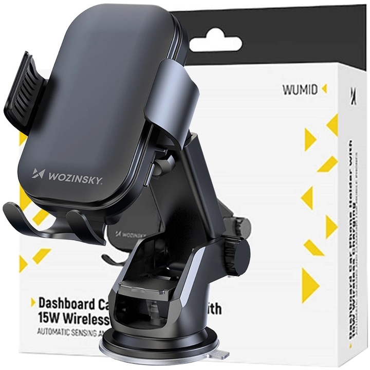 Autós tartó vezeték nélküli töltéssel, Wozinsky, Műanyag, Állítható, 15W, USB-C, Fekete