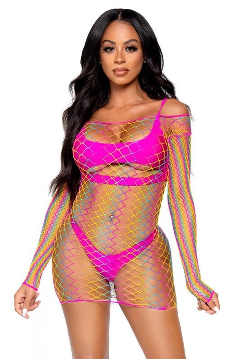 Rochie mini cu maneci lungi si model plasa Leg Avenue, multicolor, one size, in cutie de lux, nylon