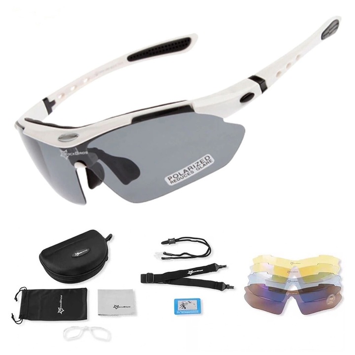 Комплект велосипедни очила и аксесоари, Rockbros, Поликарбонат, Поляризирани лещи, UV400, Бяло/Черно