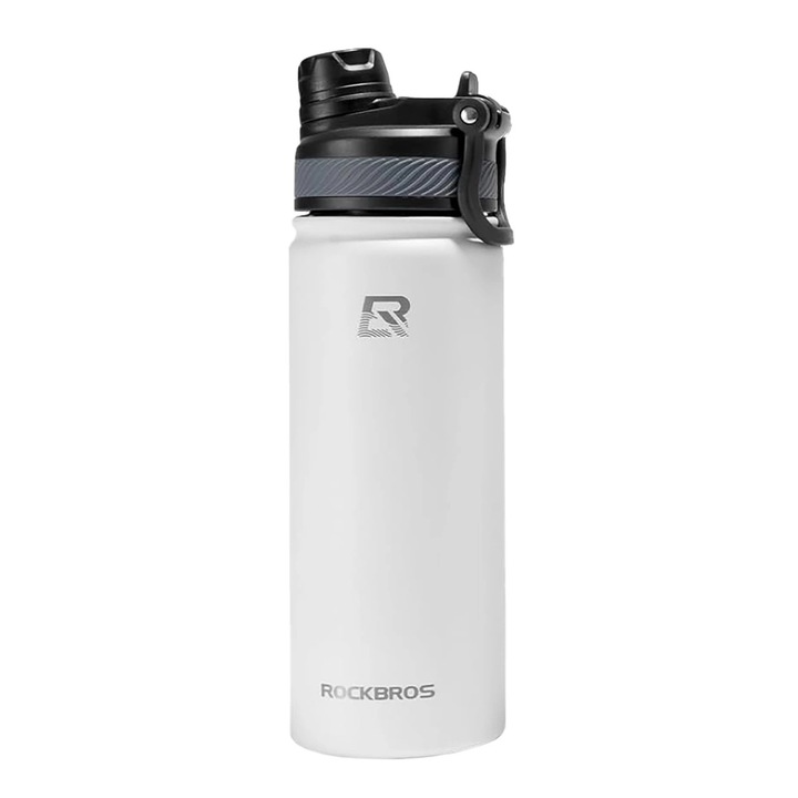 Bidon termic, Rockbros, Inox / Silicon, 530 ml, 12 ore pentru bauturi calde, 24 ore pentru bauturi reci, Alb / Negru