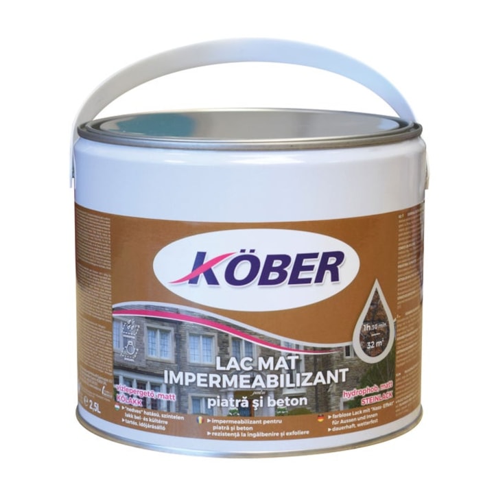 Водоустойчив лак за камък и бетон Kober, интериор/екстериор, прозрачен, 2,5л