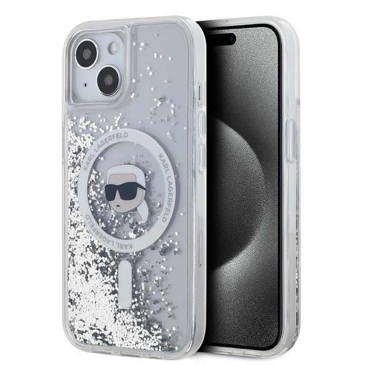 Tok iPhone 15 / iPhone 14 / iPhone 13 telefonokhoz - Karl Lagerfeld Liquid Glitter MagSafe (KLHMP15SLGKISGH) - Átlátszó Karl fej