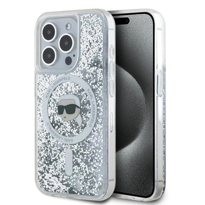Калъф за телефон, Karl Lagerfeld, TPU / поликарбонат, течен блясък, MagSafe, за iPhone 15 Pro Max, прозрачен