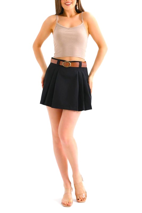 Пола с панталон Garby, със симетрични щипки и колан, Черен