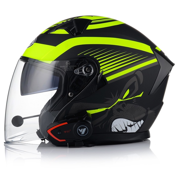 Motoros sisak integrált védőszemüveggel, AWINA, JK528, Sárga, Kommunikációs rendszer, ECE 22.06, H 59-60 cm