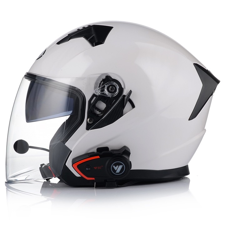 Мотоциклетна каска с вградени очила, AWINA, JK528, бяла, комуникационна система, ECE 22.06, S 55-56 см