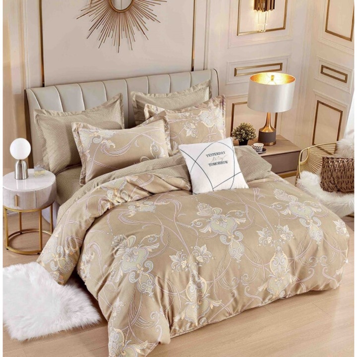 Lenjerie de pat, Jojo Home, 6 piese, 2 persoane, 245x250cm, Imprimeu Elegant, Finet Superior, Bej Nuante
