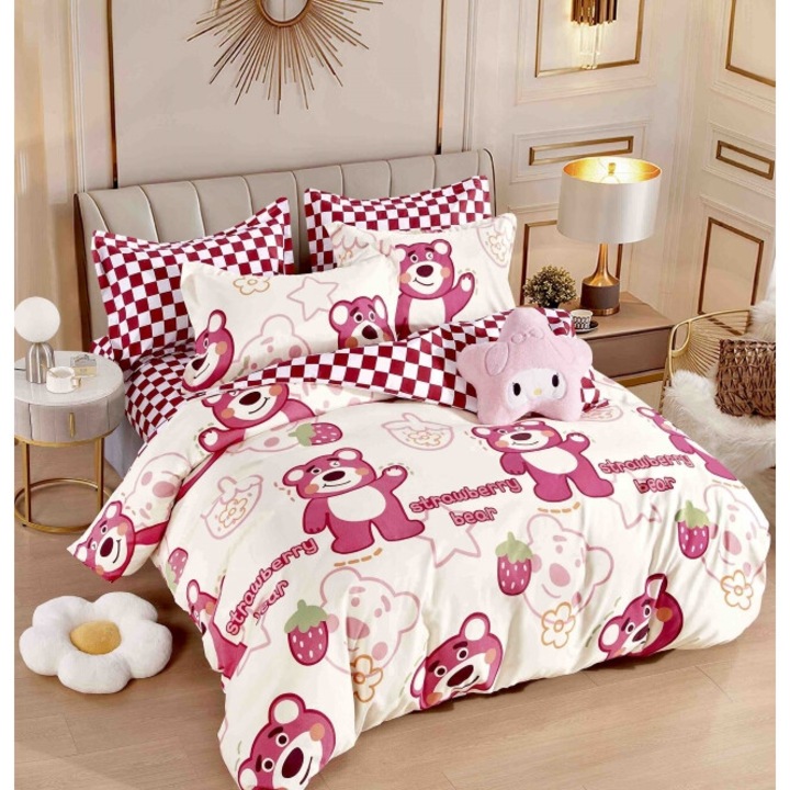 Двойно спално бельо с ластик, Jojo Home, Ягодово мече, 6 части, 2 лица, 180x200см, Finet Superior, Многоцветен