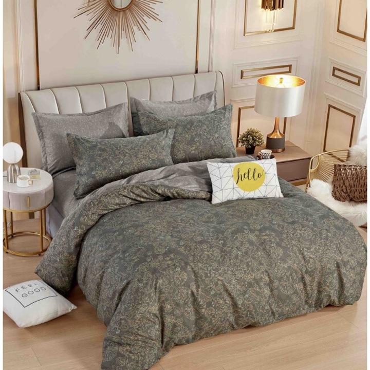 Lenjerie de pat dublu cu elastic, Jojo Home, Imprimeu Elegant, 6 piese, 2 persoane, 180x200cm, Finet Superior, Maro-Bej