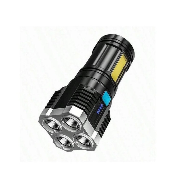 Фенерче, LED с COB странична светлина, 5W, 100lm, 4 режима на светене, водоустойчиво, с дисплей за мощност, USB, обхват 200-500m, черно