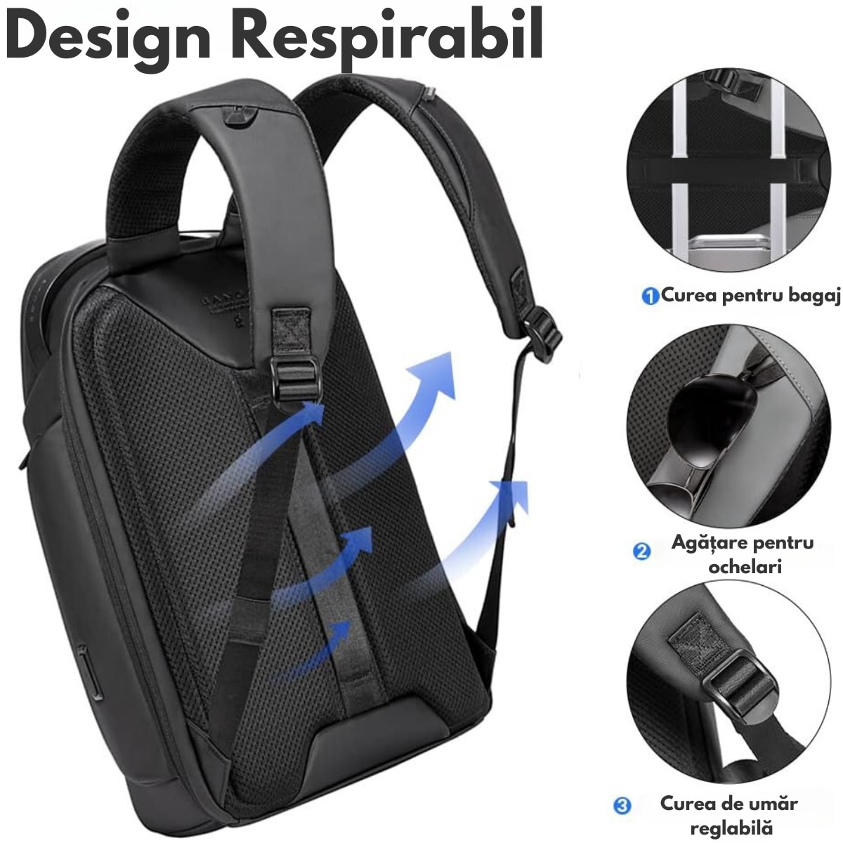 Rucsac Multifunctional pentru Laptop de 15.6 inch, de Calatorie Unisex, Design Smart Casual, cu multiple Compartimente si deschidere 180°, Buzunar Anti Soc, Protectie Superioara BANGE, Impermeabil, Port incarcare USB, pentru Business, 44x31x15 cm, Negru