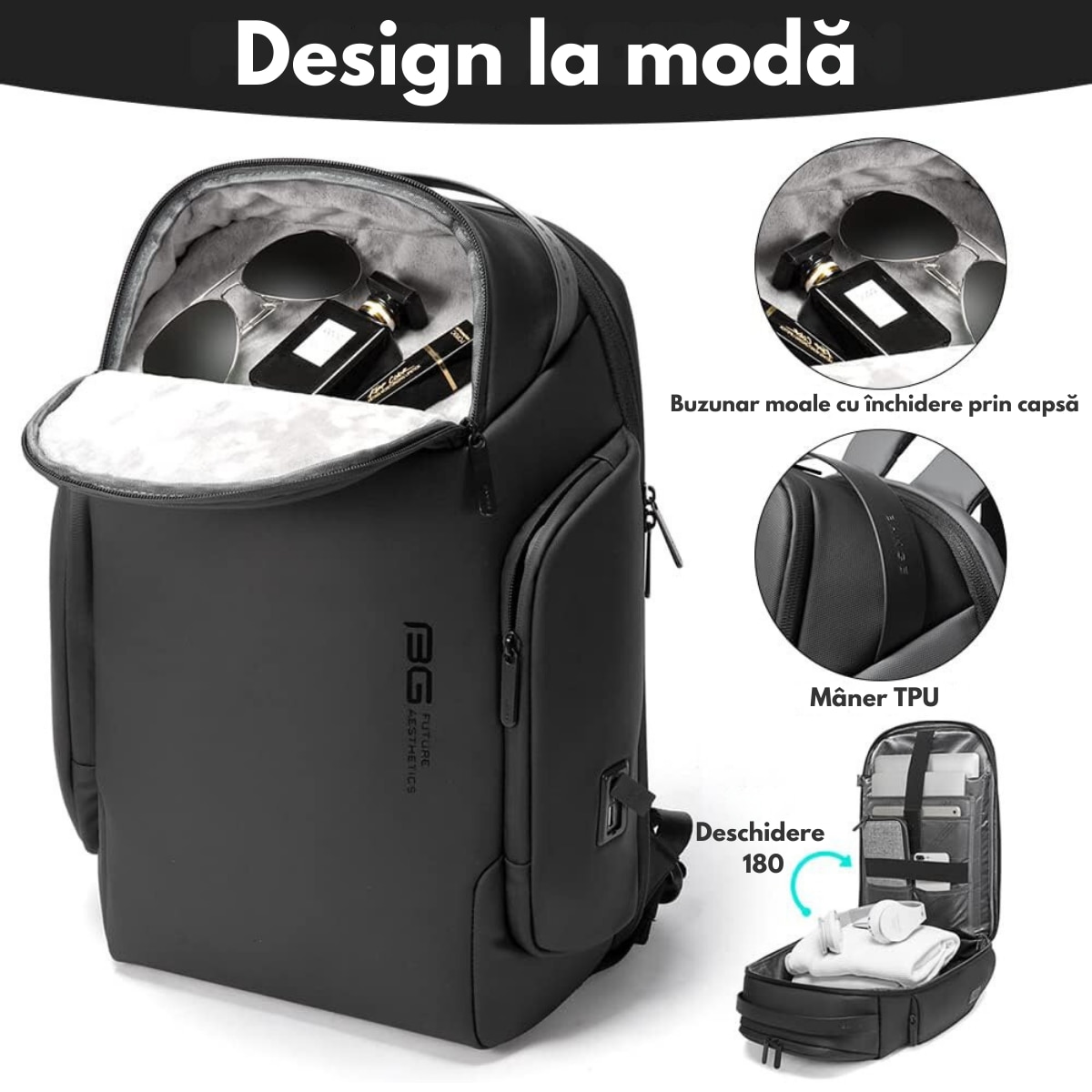 Rucsac Multifunctional pentru Laptop de 15.6 inch, de Calatorie Unisex, Design Smart Casual, cu multiple Compartimente si deschidere 180°, Buzunar Anti Soc, Protectie Superioara BANGE, Impermeabil, Port incarcare USB, pentru Business, 44x31x15 cm, Negru