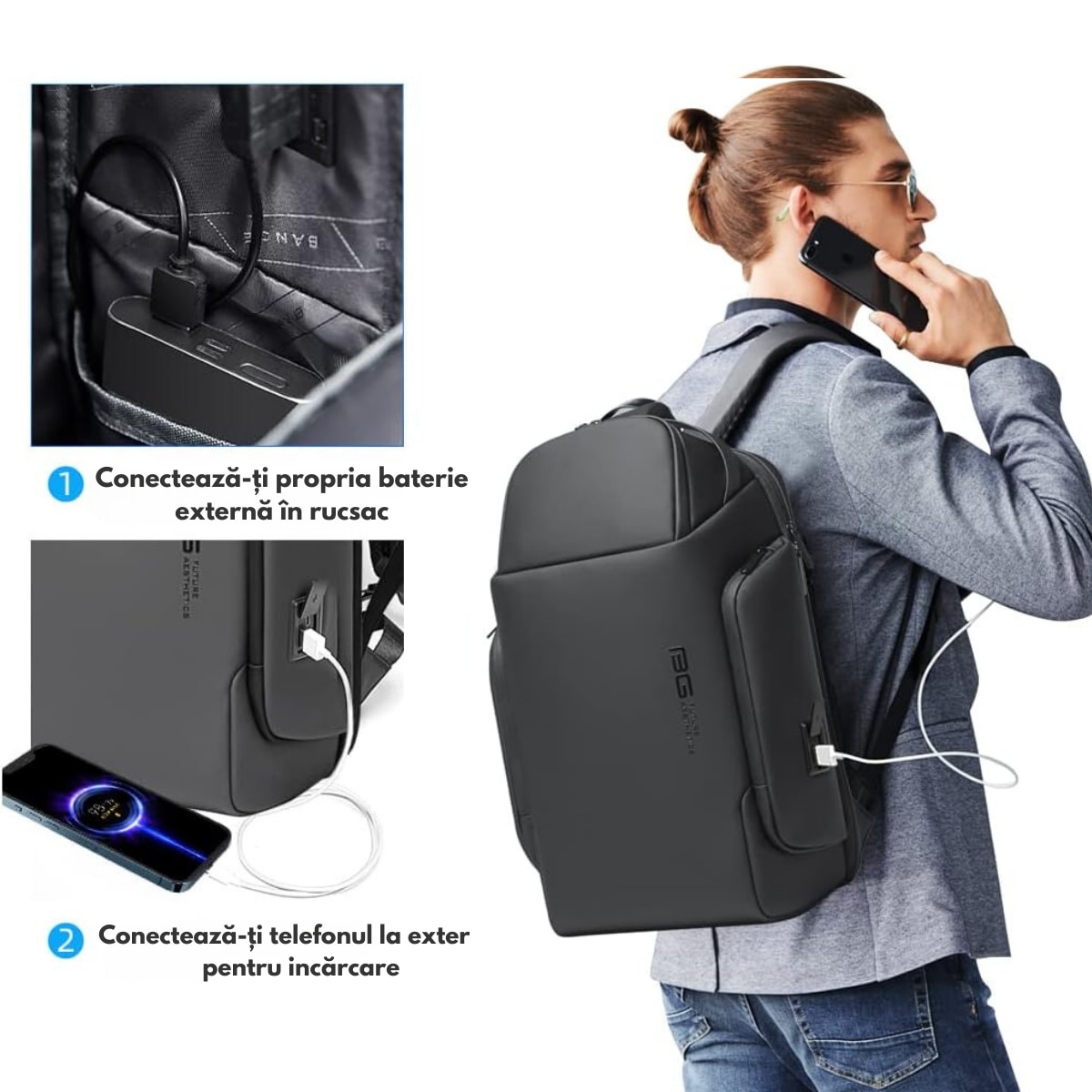 Rucsac Multifunctional pentru Laptop de 15.6 inch, de Calatorie Unisex, Design Smart Casual, cu multiple Compartimente si deschidere 180°, Buzunar Anti Soc, Protectie Superioara BANGE, Impermeabil, Port incarcare USB, pentru Business, 44x31x15 cm, Negru