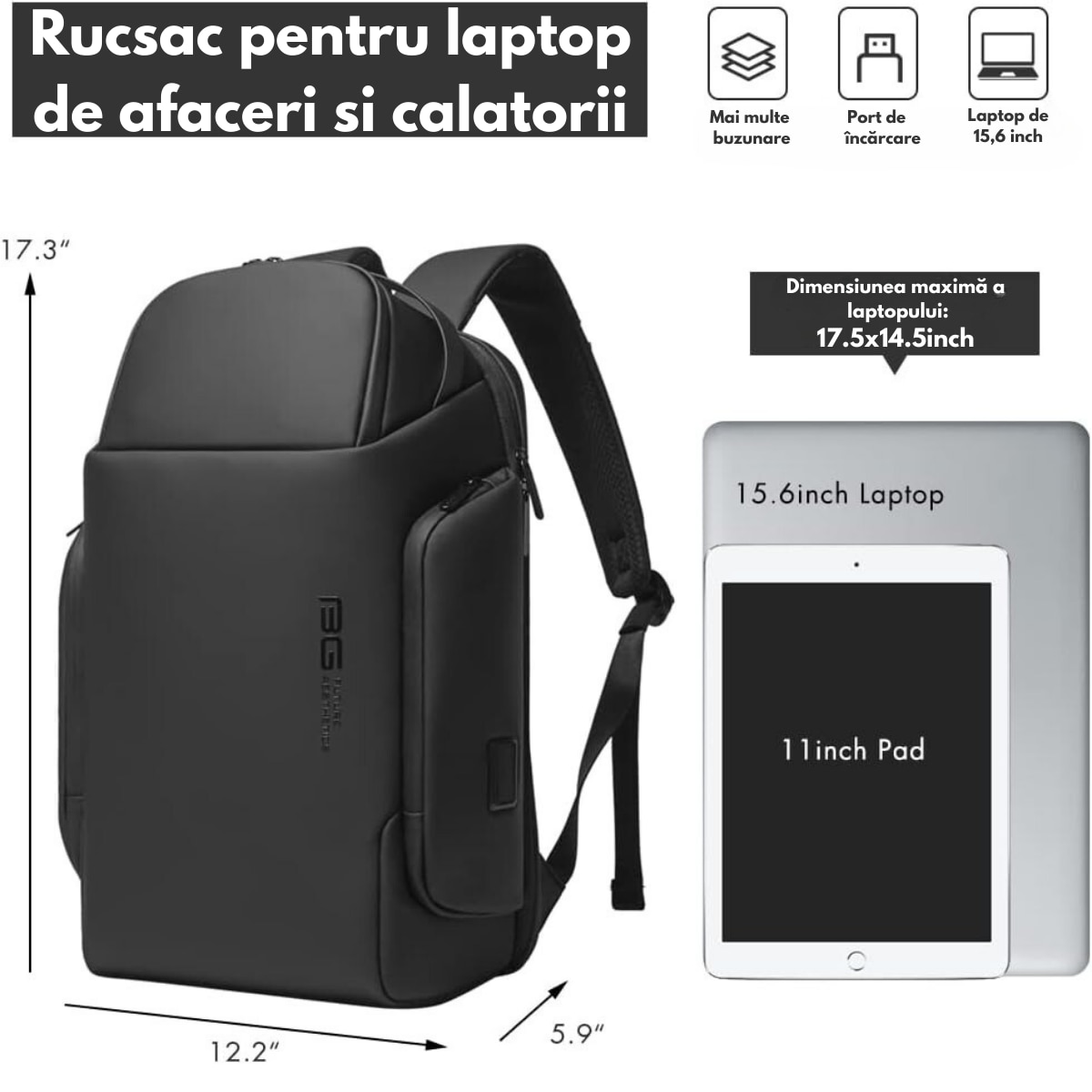 Rucsac Multifunctional pentru Laptop de 15.6 inch, de Calatorie Unisex, Design Smart Casual, cu multiple Compartimente si deschidere 180°, Buzunar Anti Soc, Protectie Superioara BANGE, Impermeabil, Port incarcare USB, pentru Business, 44x31x15 cm, Negru