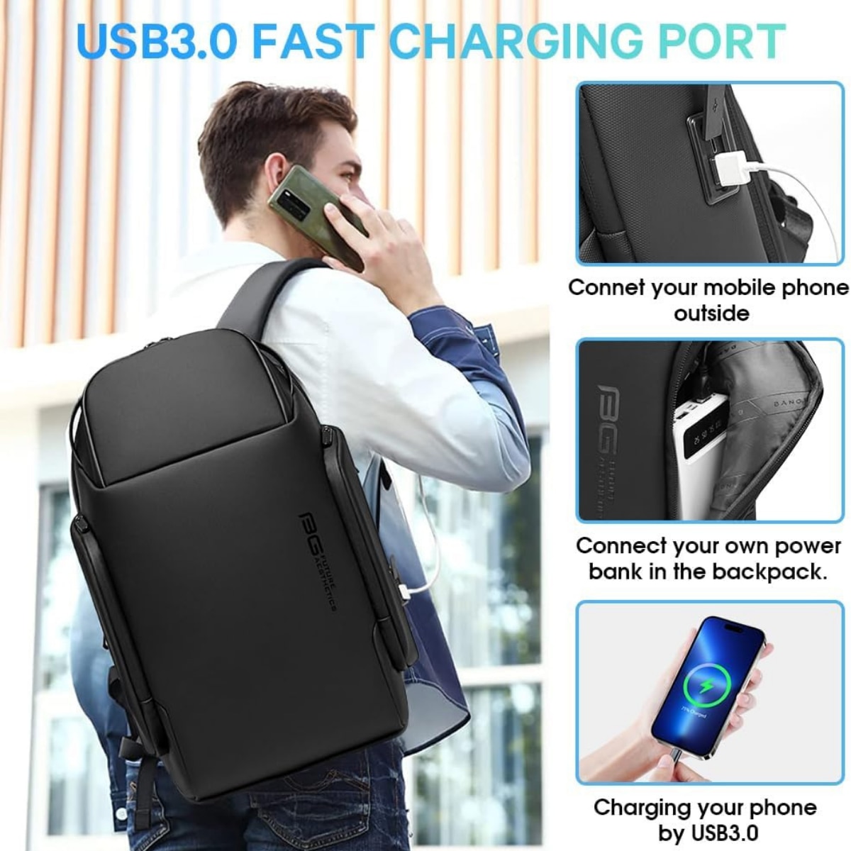 Rucsac Multifunctional pentru Laptop de 15.6 inch, de Calatorie Unisex, Design Smart Casual, cu multiple Compartimente si deschidere 180°, Buzunar Anti Soc, Protectie Superioara BANGE, Impermeabil, Port incarcare USB, pentru Business, 44x31x15 cm, Negru