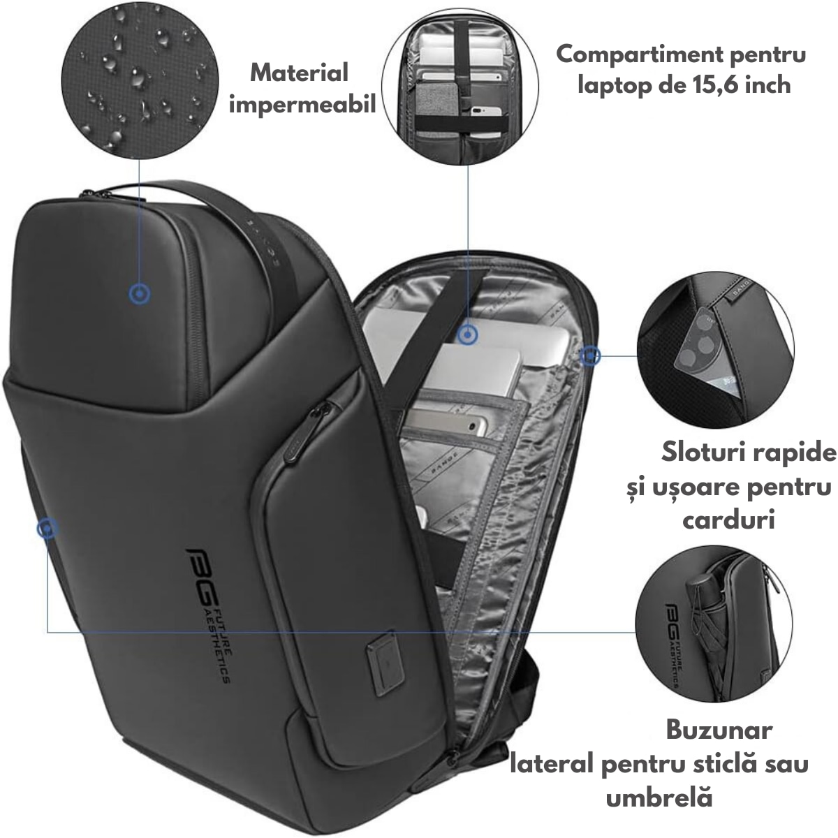 Rucsac Multifunctional pentru Laptop de 15.6 inch, de Calatorie Unisex, Design Smart Casual, cu multiple Compartimente si deschidere 180°, Buzunar Anti Soc, Protectie Superioara BANGE, Impermeabil, Port incarcare USB, pentru Business, 44x31x15 cm, Negru