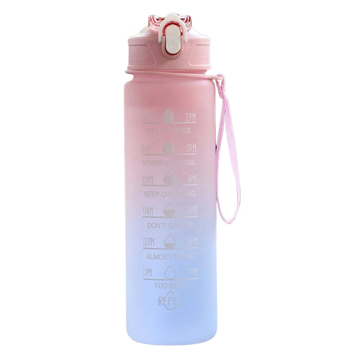 Sticla de apa, DANATI, cu pai si cu scala temporala, Plastic/Tritan, 800ml, Roz, BPA Free, 7x25cm