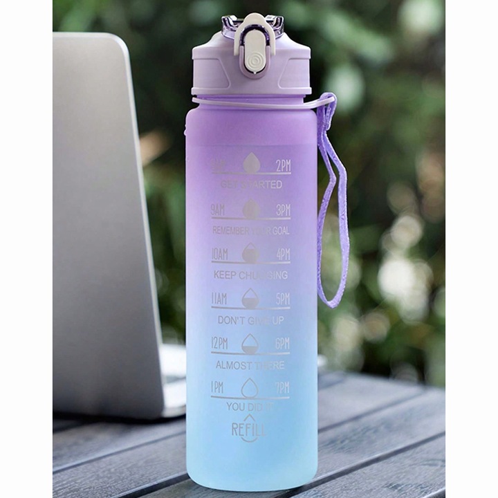 Sticla de apa, DANATI, cu pai si cu scala temporala, Plastic/Tritan, 800ml, Mov, BPA Free, 7x25cm