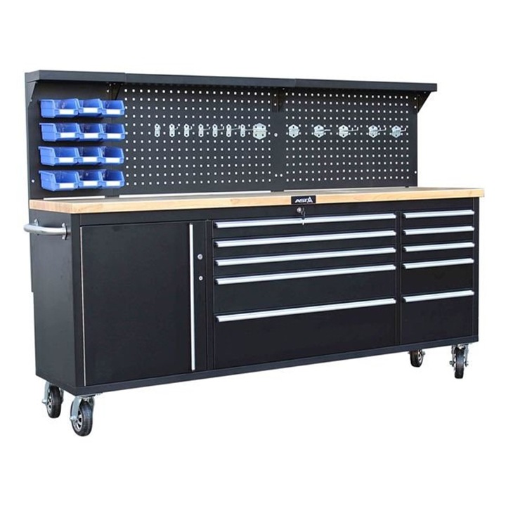 Professzionális munkapad, fa munkalappal, szerszámtartó panellel, 214 cm