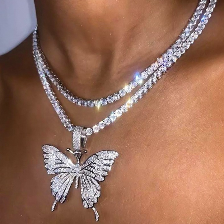 Colier fluture, Aliaj/Zirconiu, Argintiu/Alb