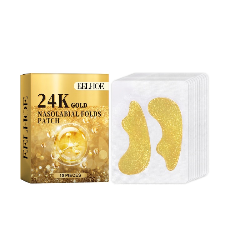 Plasturi EELHOE 24K Gold, Hidratare Profunda, Acid Hialuronic, pentru pliuri nazolabiale,10 Buc
