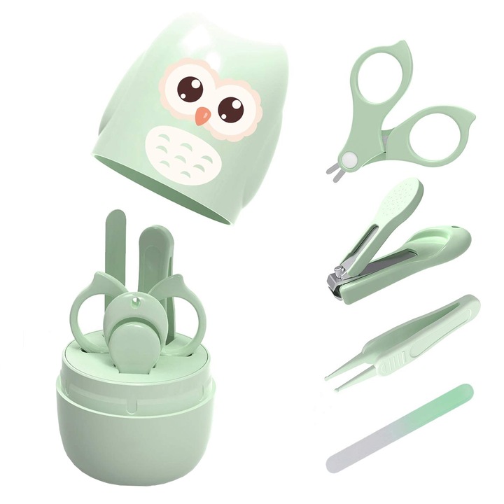Set 4 piese pentru ingrijire unghii bebelusi, Axroad Mall, avand unghiera, forfecuta si penseta, portabil, Cutie Verde, Non-toxic, anti-alunecare, durabil si non-iritant, ABS, 10.8 × 7cm, verde