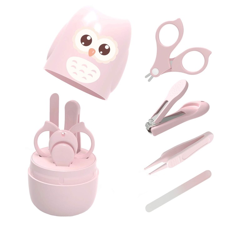 Set 4 piese pentru ingrijire unghii bebelusi, Axroad Mall, avand unghiera, forfecuta si penseta, portabil, Cutie Verde, Non-toxic, anti-alunecare, durabil si non-iritant, ABS, 10.8 × 7cm, Roz