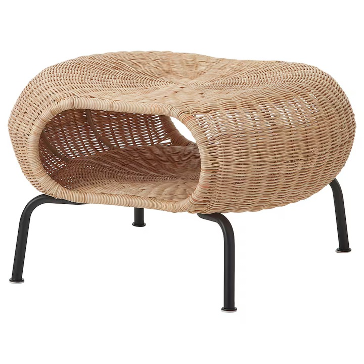 Rattan zsámoly tárolóval, kézzel készített, natúr/fekete, 110 kg, 36 cm