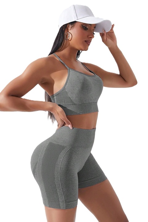 Set Sutien Si Pantaloni Scurti Sport Fara Cusaturi Cu Elasticitate Ridicata, Gri, Gri