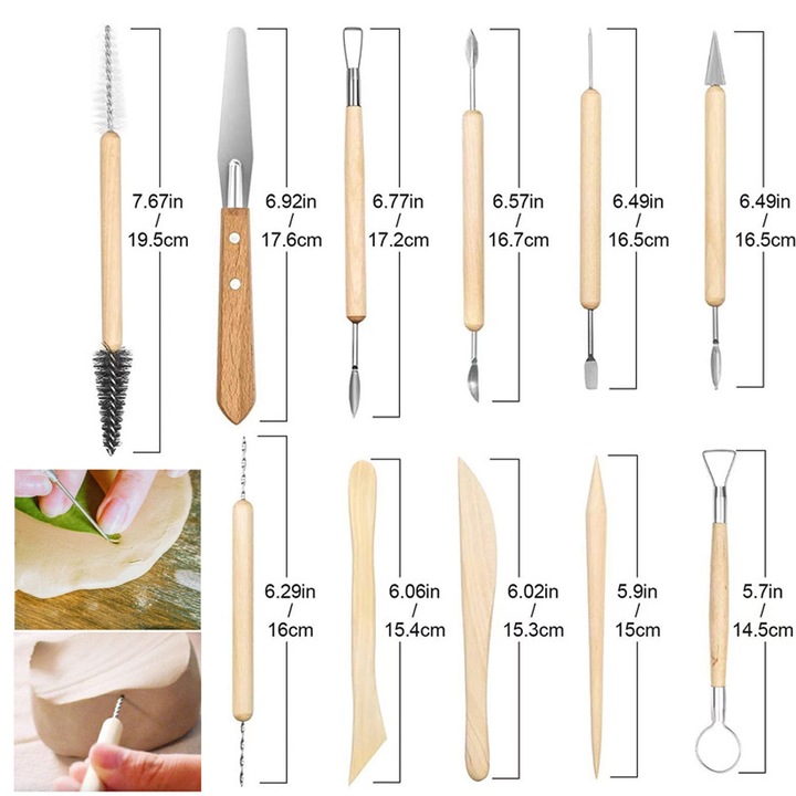 Set de unelte pentru modelaj, Cozevdnt, 42 piese, din lemn si otel inoxidabil, pentru sculptura si ceramica
