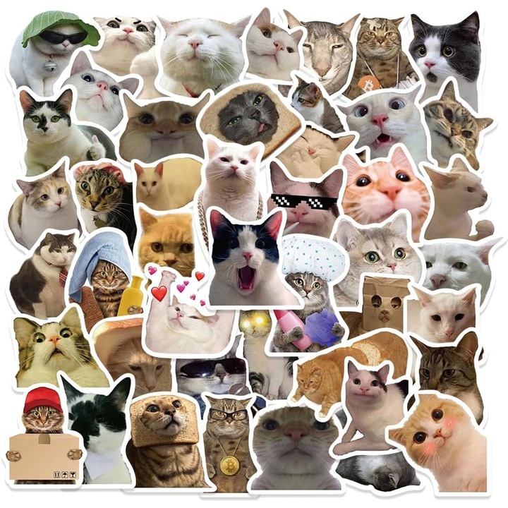Caltucus Core® Set 50 Stickere Decorative, Pisici Haioase, Rezistente la Apa, Multicolor, 5-7.6cm