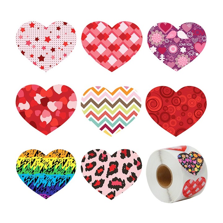Set 500 Stickere Inima pentru Ziua Indragostitilor, 8 Culori, 1 inch