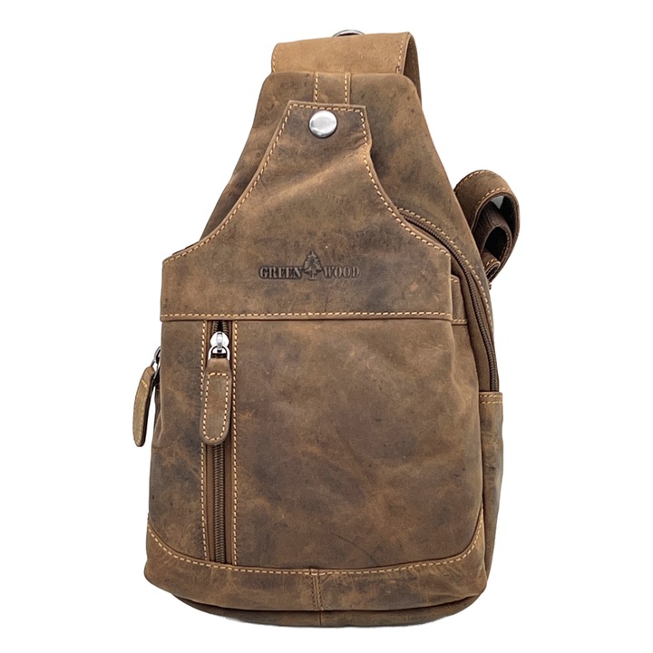 Borseta Barbati Crossbody Din Piele Naturala, Green WOOD Germany, Premium Hand Made, Curea Ajustabila, Maro Camel, Micutz®