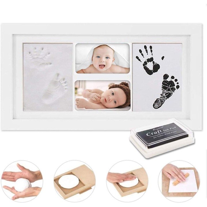 Set Timeless Baby Prints, Enforose, Album foto, Cadru alb elegant, Argila non-toxic, Proces de craftare usor