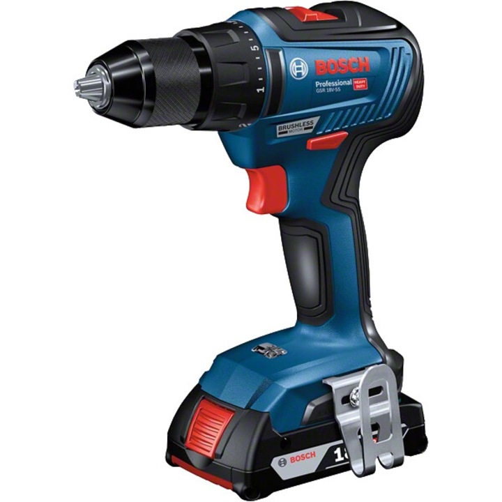 Bosch GSR 18V-55, пистолетна бормашина, 1750 RPM, 1.3 см, черна, синя, 120x120x25 mm