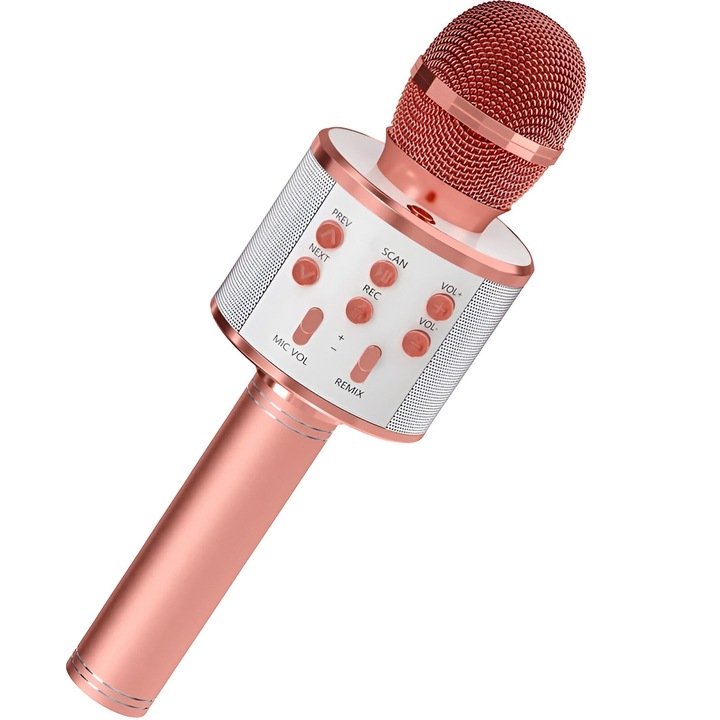 Microfon Karaoke pentru Copii, Bluetooth, Boxa Incorporata, Compatibil cu Orice Smartphone, Acumulator Integrat, Multifunctional, Rose Gold